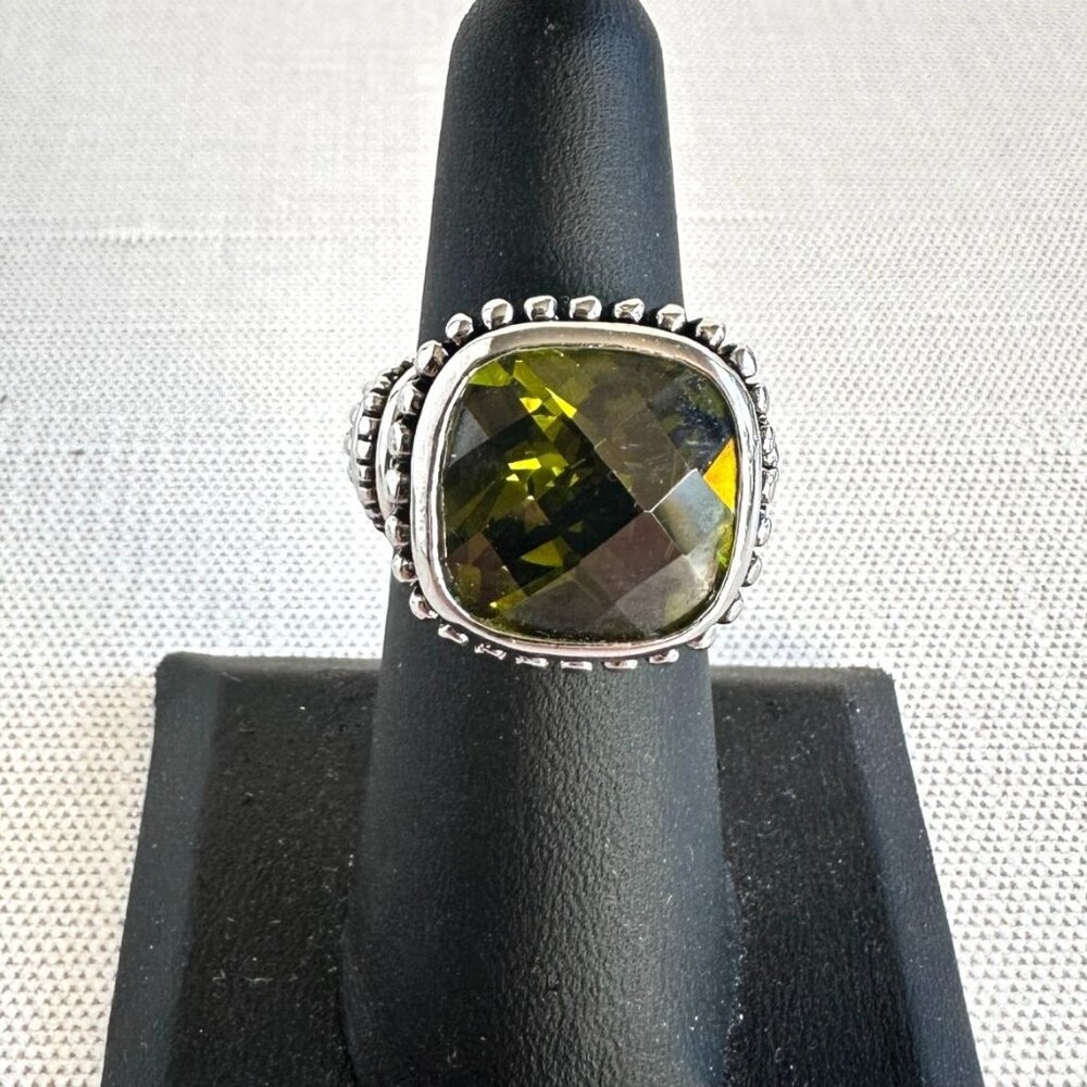 Men’s Pinky Ring, Green Glass Statement Ring, Silver Tone Stainless Steel